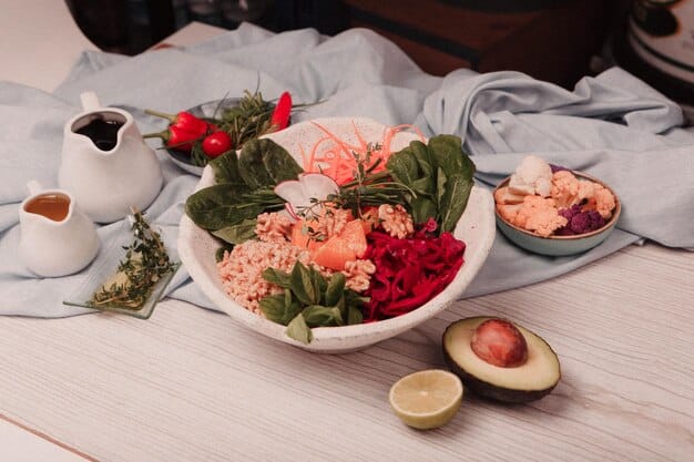 A colorful assortment of brain-boosting foods, including salmon, blueberries, walnuts, spinach, and a glass of water, presented on a wooden table, symbolizing a nutritious diet for enhanced focus.