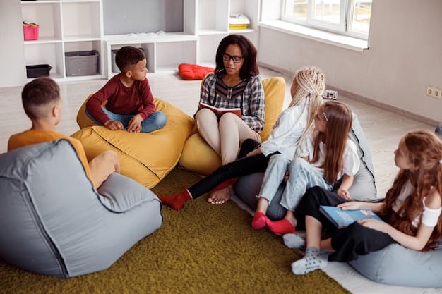 A diverse group of students are participating in a group therapy session in a school setting, facilitated by a child psychologist.
