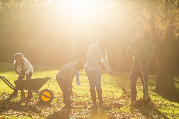 A group of people volunteering at a community garden, planting vegetables. The sun is shining, and the atmosphere is lively and collaborative. In the background, there are signs about sustainable gardening practices and water conservation.