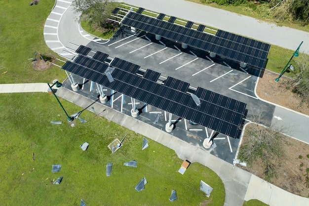 A modern electric vehicle charging station with several cars plugged in and charging. Solar panels are visible overhead, powering the station with renewable energy.