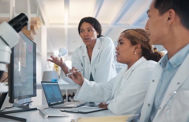 A group of diverse scientists in a brightly lit lab, collaborating and discussing research findings around a table filled with scientific papers and computer screens displaying data.