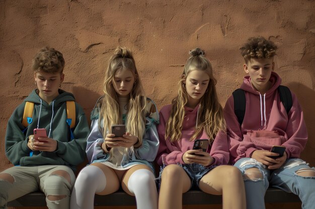 A group of teenagers sitting alone on their phones, seemingly disconnected from each other despite being physically present. It emphasizes digital isolation and the importance of face-to-face interactions.