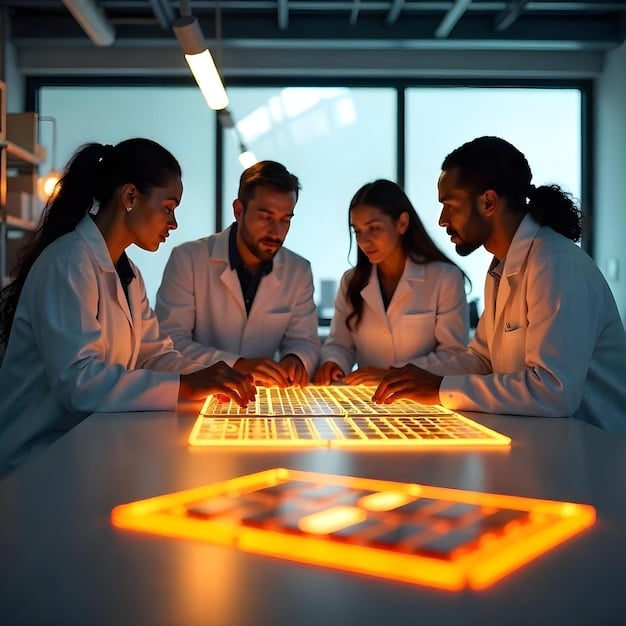 A group of diverse scientists working in a high-tech laboratory, surrounded by equipment and data displays related to energy research.