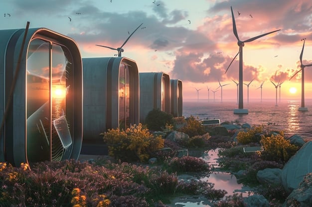 A futuristic city skyline powered by various renewable energy sources, including wind turbines, solar panels, and geothermal plants. A visual representation of a sustainable future.