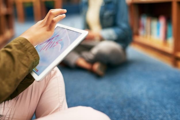 A student using a tablet in a school library, with a mental health app displayed on the screen. The student is smiling and appears engaged while using the app, with books and other learning resources visible in the background.