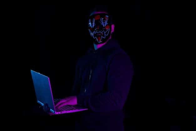 A digital illustration depicting a hacker figure in a dark setting, using a laptop with lines of code scrolling across the screen. Mental health app icons are subtly visible in the background, representing the targets of the cyberattack. The image conveys a sense of threat and clandestine activity.