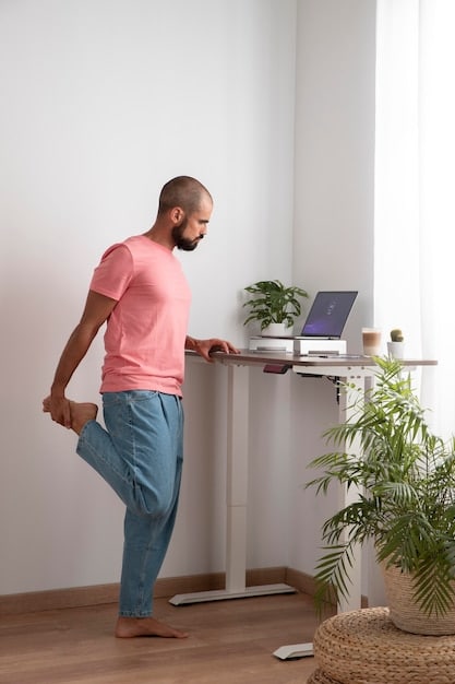 A split image showcasing the health benefits of using a standing desk, contrasting a person slouched in a chair with someone maintaining proper posture at a standing desk. Include infographics highlighting reduced back pain, improved circulation, and increased energy levels.