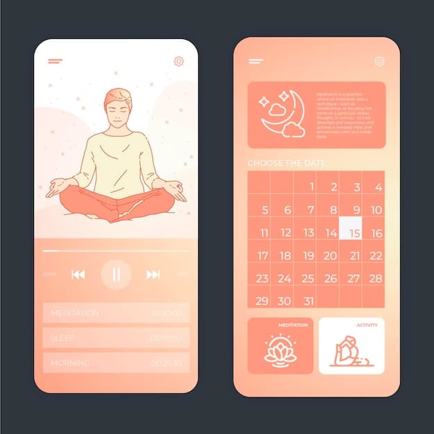 A close-up of a smartphone screen displaying a meditation app interface. The screen features options for different types of guided meditations, such as stress relief, better sleep, and focus enhancement. The user's hand is lightly touching the screen, ready to select a session. The background is softly blurred, highlighting the app's clean and inviting design.