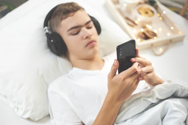 A person lying in bed, eyes closed, listening to a meditation app on their smartphone. The room is dimly lit, with soft, warm lighting creating a relaxing atmosphere. The smartphone screen displays a Calm app interface, showing options for sleep stories and soundscapes. The scene evokes a sense of tranquility and peacefulness.