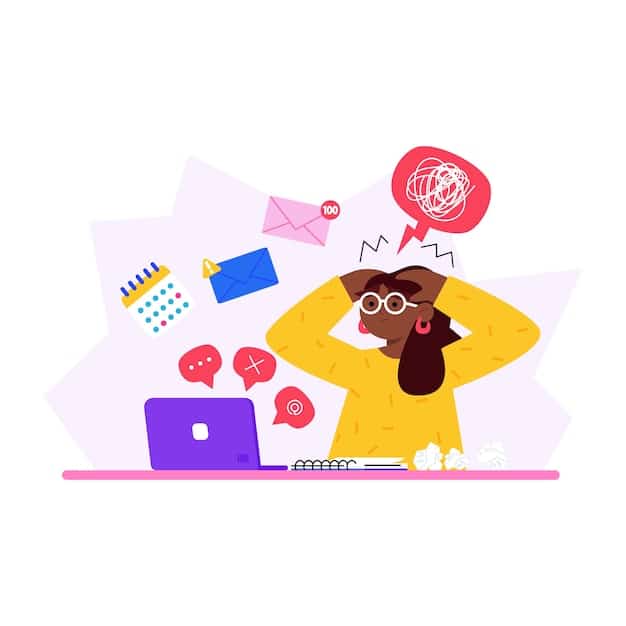 A person looking stressed and overwhelmed while surrounded by multiple screens displaying notifications, emails, and social media feeds. The environment should be dimly lit to emphasize the feeling of being trapped by technology.
