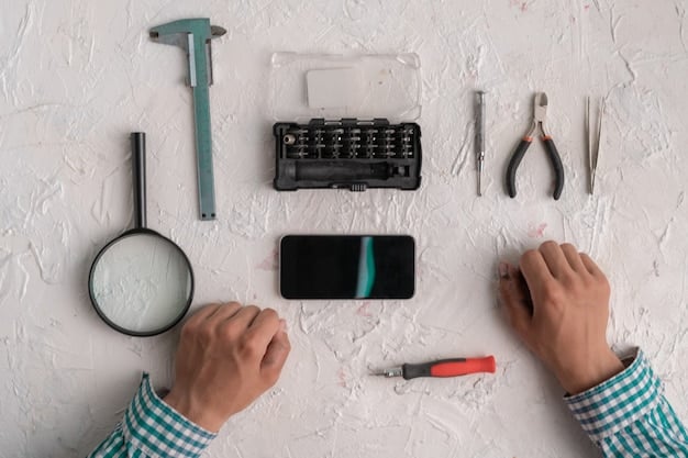 A hand holding a partially disassembled smartphone, with various small tools scattered around it. The background shows a focused individual attempting to repair the device, emphasizing the potential cost savings of DIY repairs.