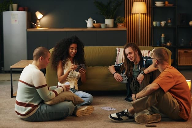 A group of people laughing and playing board games together on a table indoors. The scene is warm and inviting, highlighting the social and enjoyable aspects of offline entertainment.