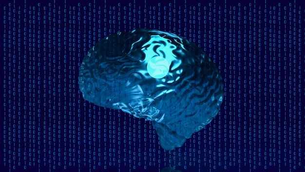 A graphic illustrating a mind with binary code overlaid, representing the intersection of AI and mental health. The background consists of interconnected data points symbolizing data collection and analysis. The visual aims to evoke the complexity and sensitivity of AI in mental health.