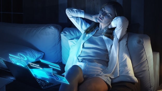 A person using a computer with a blue light filter, contrasted with someone using a computer without a filter, highlighting the impact of blue light on eye strain and sleep disruption.