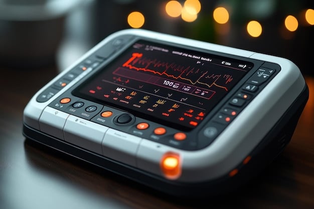 A close-up shot of a biofeedback machine displaying a graph of heart rate variability, with a hand gently resting on a sensor. The background is blurred, focusing on the technology and its immediate feedback.