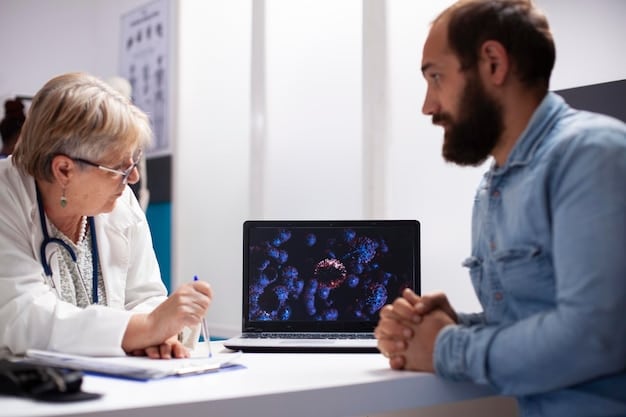 A doctor explaining biofeedback data on a computer screen to a patient. Both are looking at the screen, with the patient appearing engaged and the doctor pointing to specific data points. The setting is a modern clinic or therapy room.