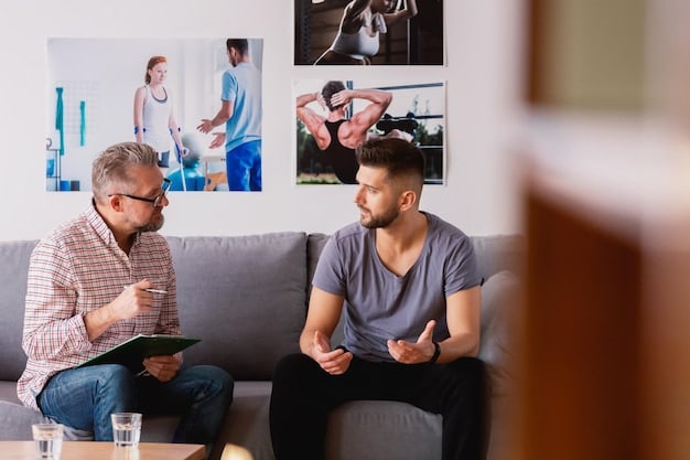A split-screen image showing two people, one therapist, and one patient engaged in a teletherapy session. The backdrop highlights their respective locations, suggesting the flexibility of the service. The therapist looks empathetic and the patient appears to be sharing openly.