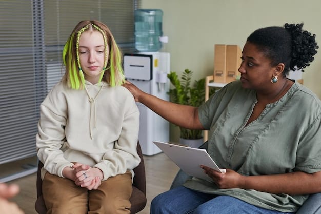A therapist in a calm office setting listening empathetically to a patient, representing the supportive role of mental health professionals in addressing workplace burnout.
