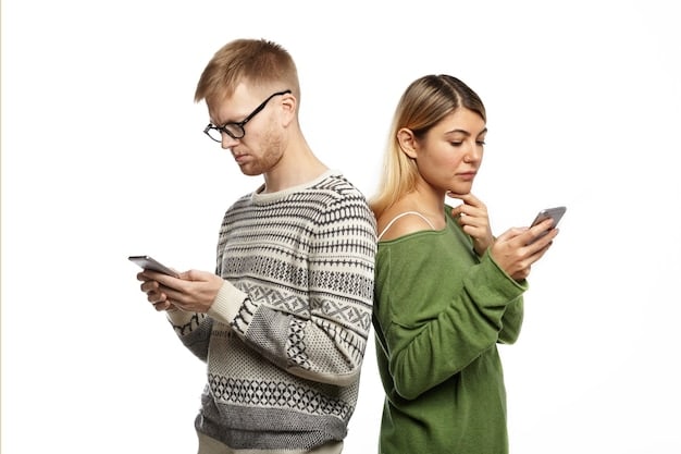 A split image showing, on one side, a person engrossed in a phone screen, looking isolated and stressed; on the other side, the same person engaged in a real-life interaction, smiling and relaxed.