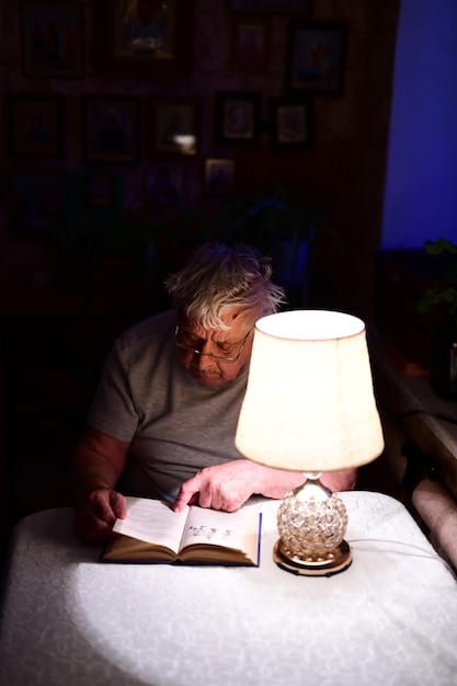 A close-up of a SAD lamp emitting bright, white light, positioned near a person reading a book. This image represents the light therapy, a common treatment for SAD. The person appears relaxed and comfortable in the light.