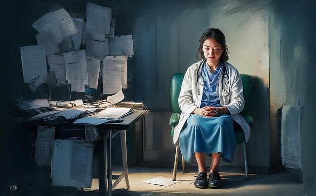 A stressed healthcare worker in a busy mental health clinic, surrounded by files and overwhelmed with patients. The image symbolizes the strain on mental health services due to funding cuts.